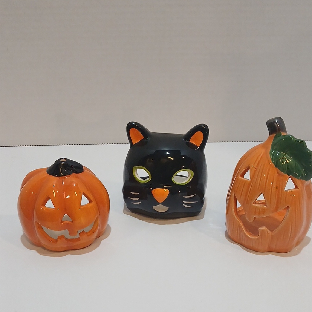 Halloween Ceramic Pumpkin and Cat Set